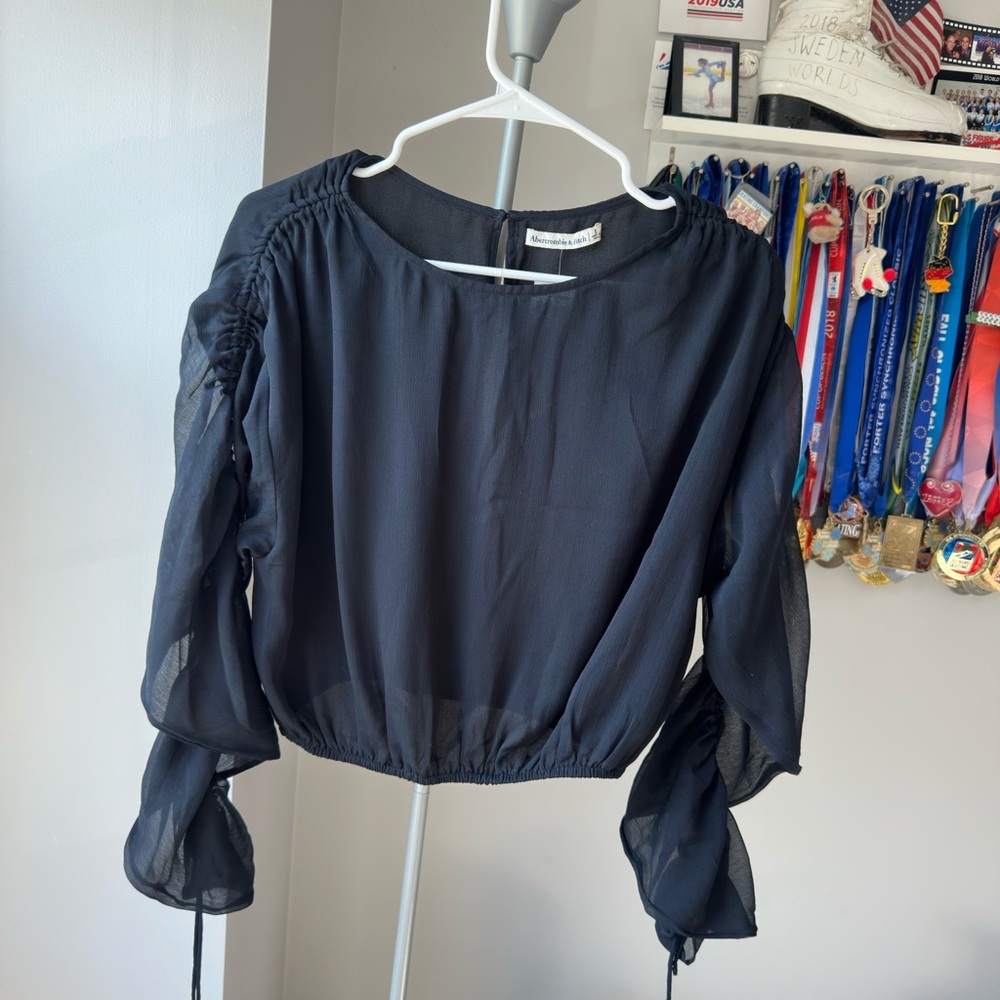 Abercrombie & Fitch Black Sheer Long-Sleeve Cropped Blouse